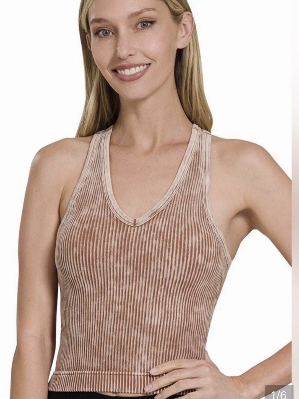 Zenana Ribbed Acid Wash Padded Brami Tank Top Mocha Medium Large